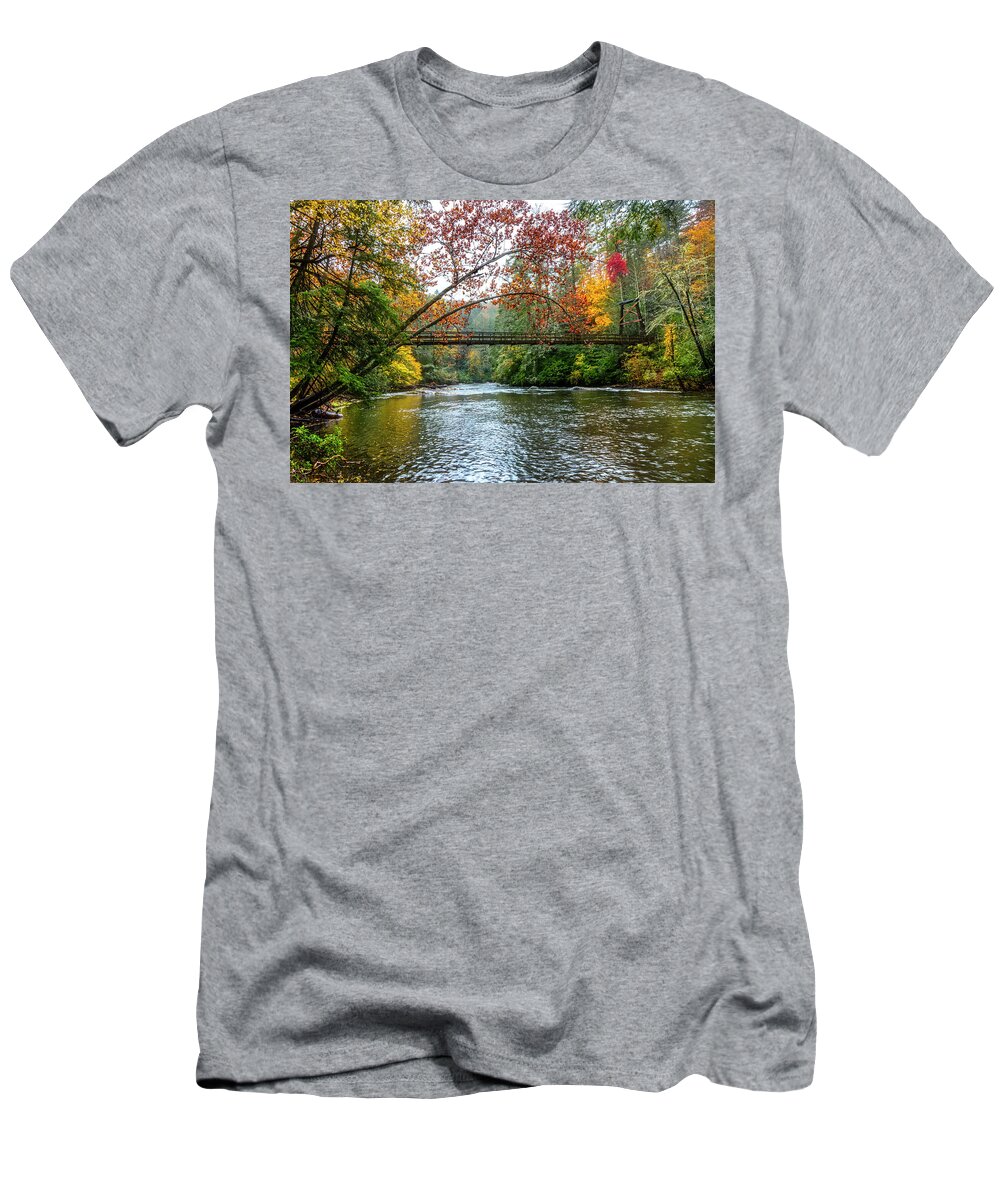 Bridge T-Shirt featuring the photograph The Toccoa River Hanging Bridge by Debra and Dave Vanderlaan