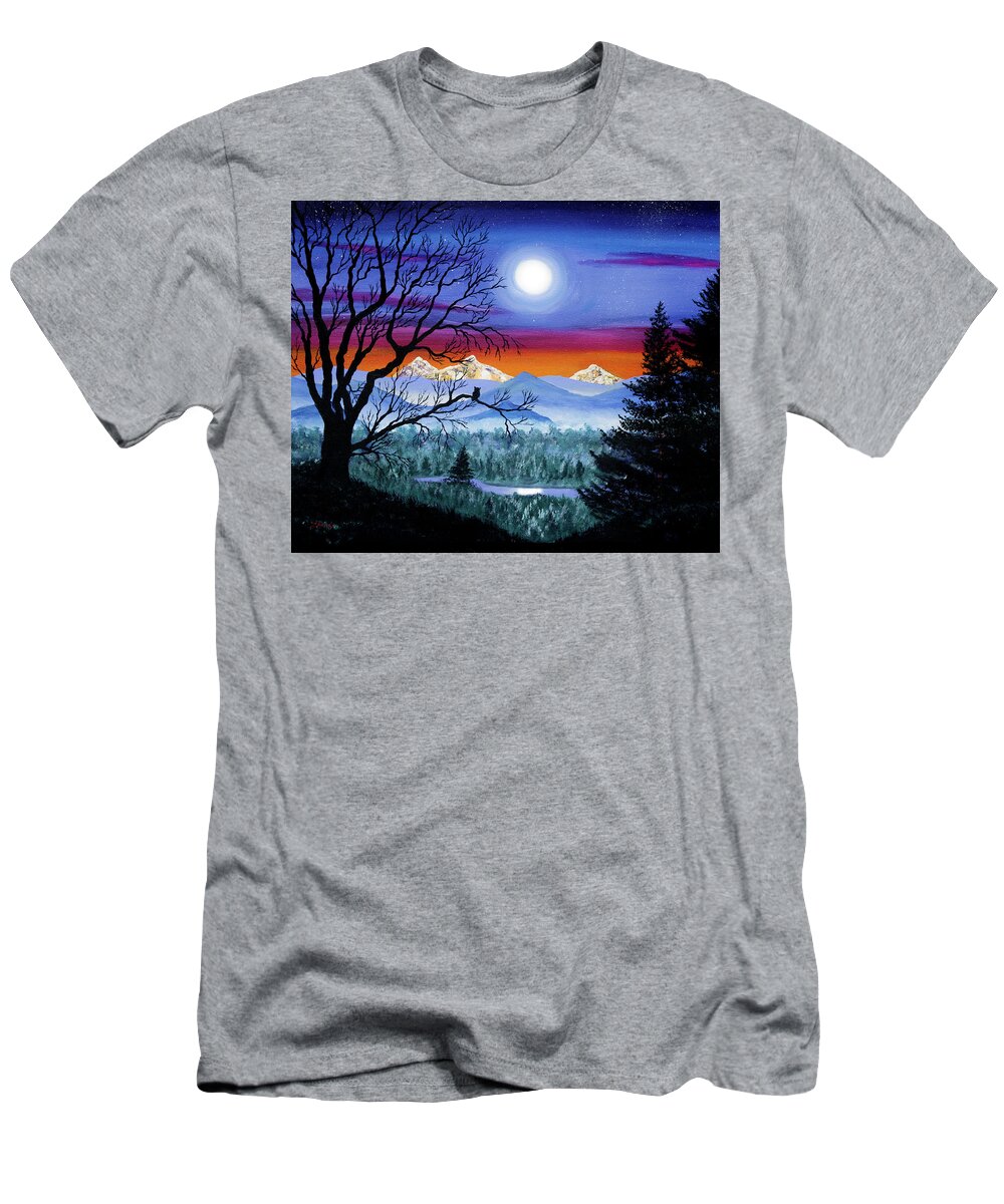 Oregon T-Shirt featuring the painting Three Sisters Overlooking a Moonlit River by Laura Iverson