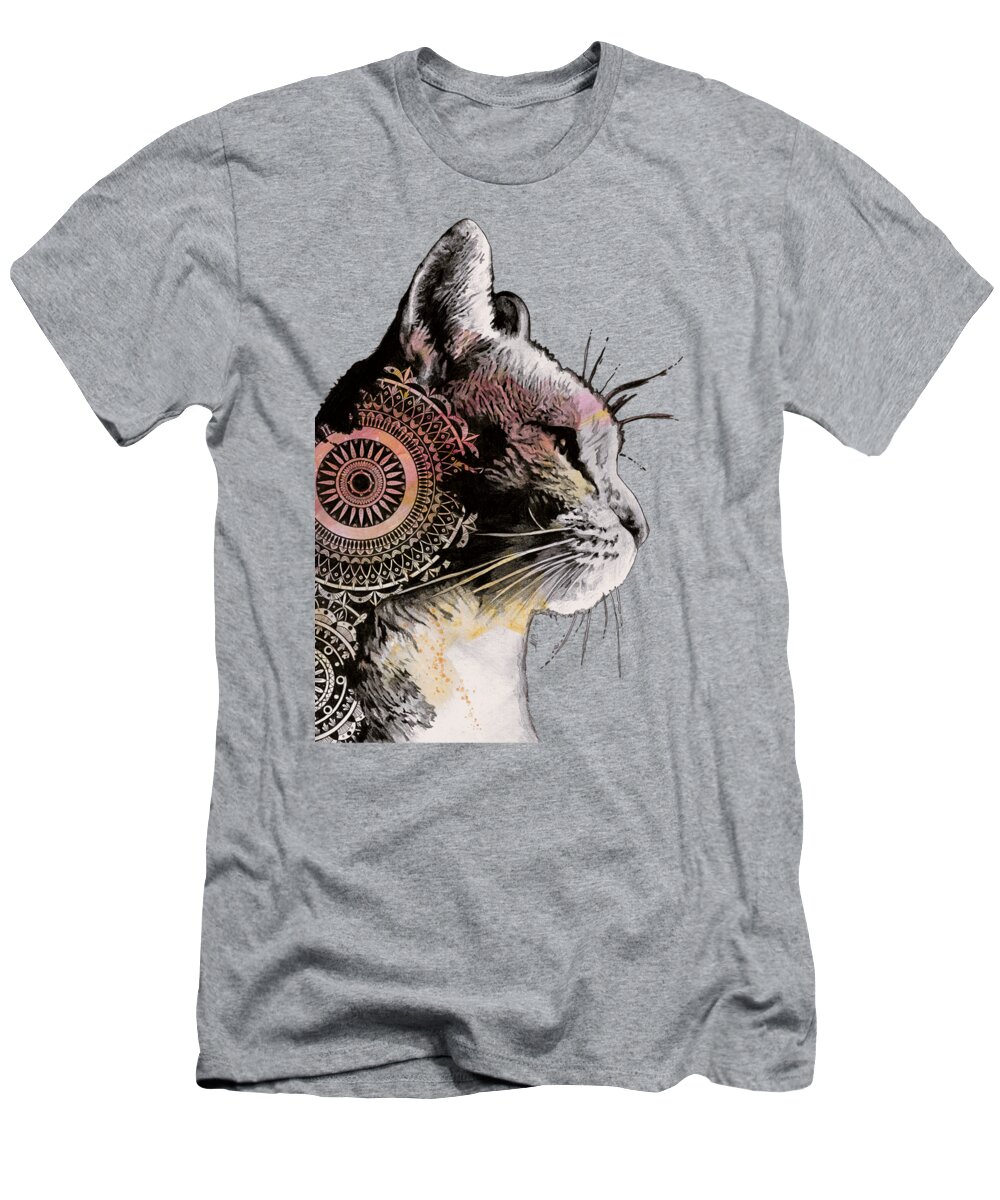 Cat Drawing T-Shirt featuring the drawing Tides Of Tomorrow - mandala cat portrait by Marco Paludet