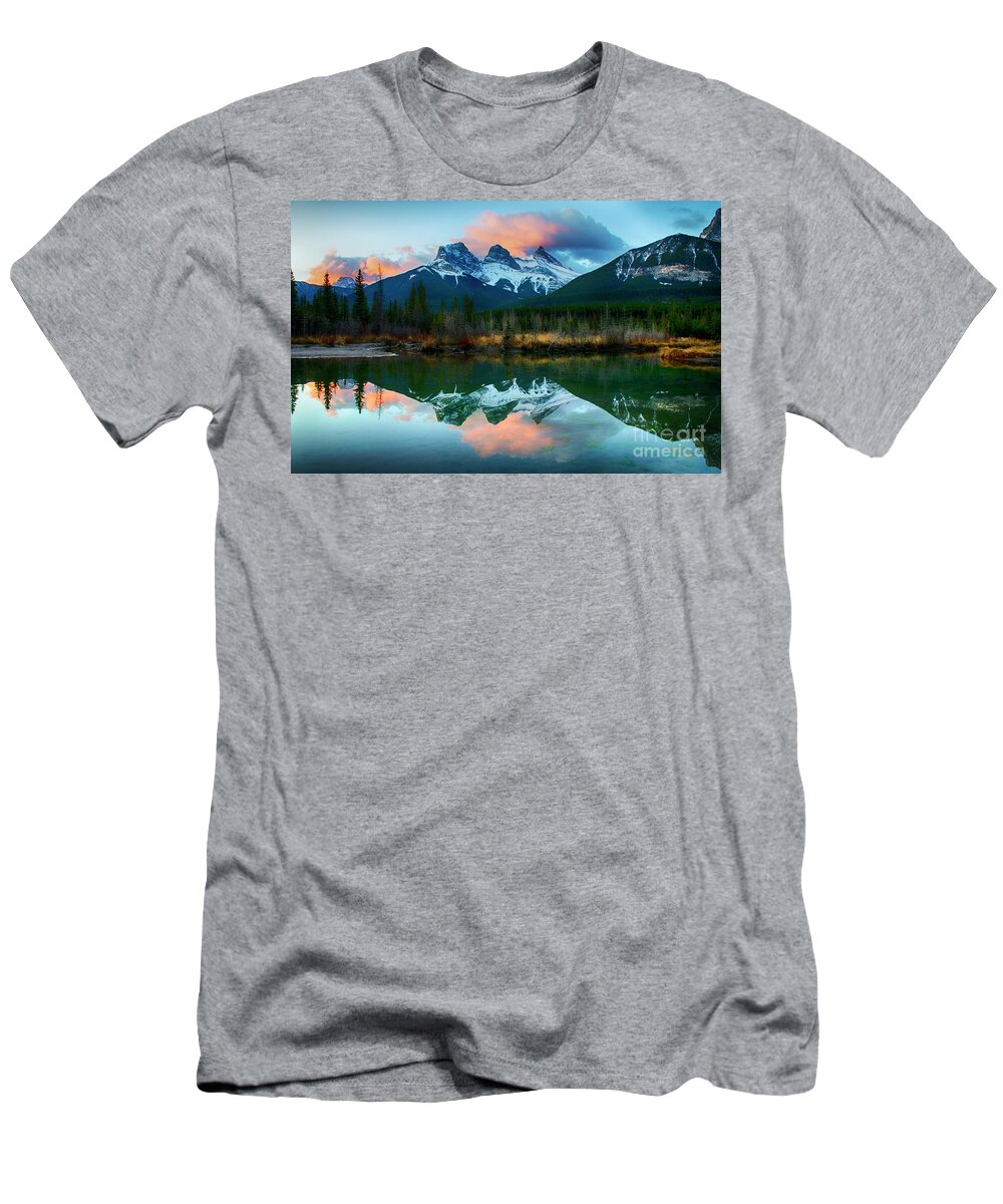 The Three Sisters T-Shirt featuring the photograph To The Wild Country Canadian Rocky Mountains 3 by Bob Christopher