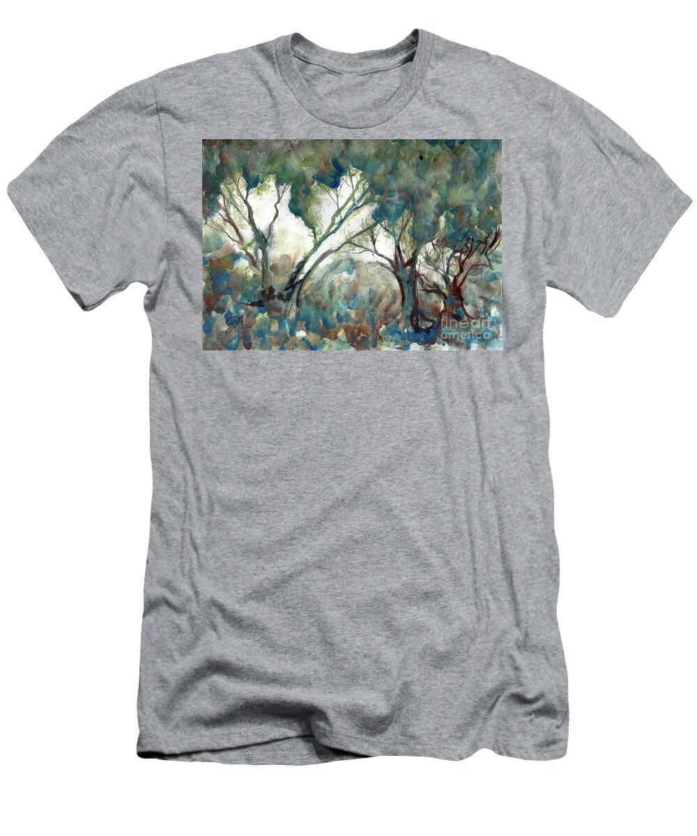 Landscape Trees Louisiana Watercolor Abstract Impressionism Water Bayou Canal Blue Set Design Abstract Painting Abstract Landscape Scene Cypress Trees Swamp Louisiana Swamp T-Shirt featuring the painting Tree Study by Francelle Theriot