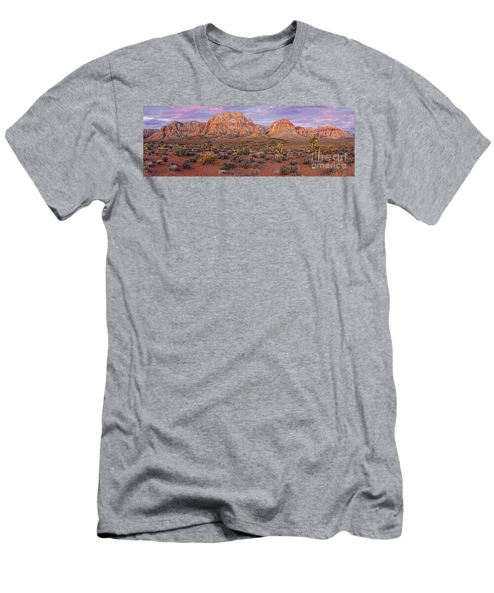 Red Rock T-Shirt featuring the photograph Twilight Panorama of Red Rock Canyon and Joshua Trees - Mojave Desert Las Vegas Nevada by Silvio Ligutti