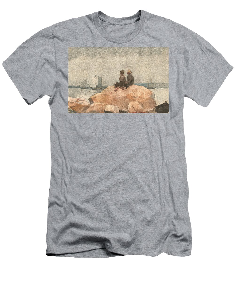 19th Century Art T-Shirt featuring the drawing Two Boys Watching Schooners by Winslow Homer