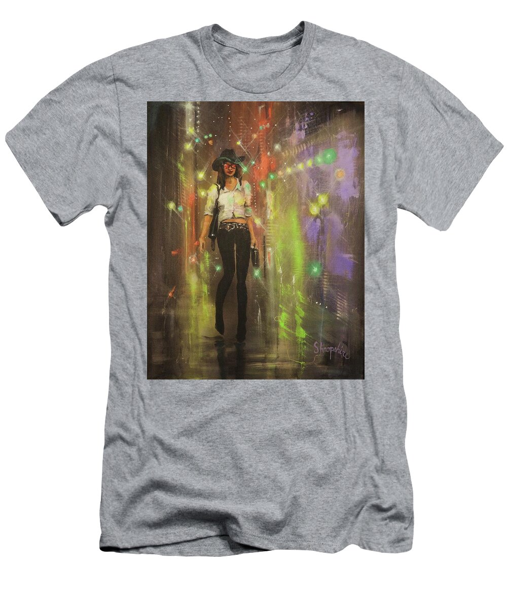 City At Night T-Shirt featuring the painting Urban Cowgirl by Tom Shropshire