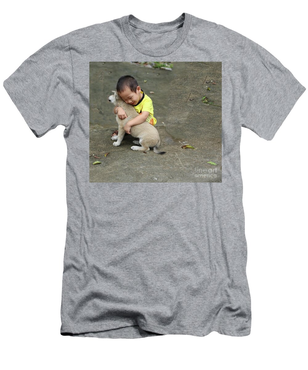 Vietnam T-Shirt featuring the photograph Vietnamese Boy and Puppy Hugs by Chuck Kuhn