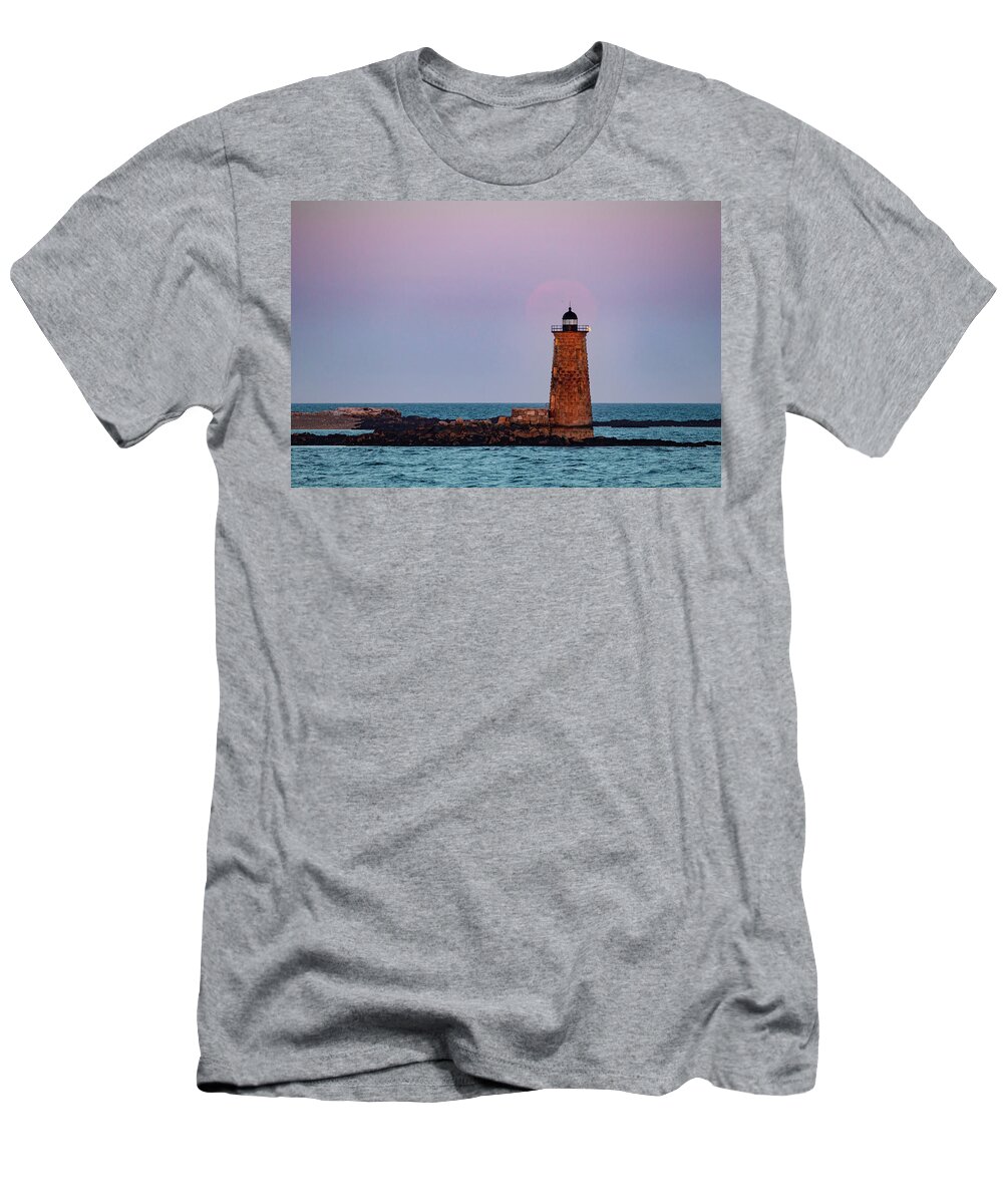Whaleback Lighthouse T-Shirt featuring the photograph Whaleback Lighthouse Full moon Rising by Jeff Folger