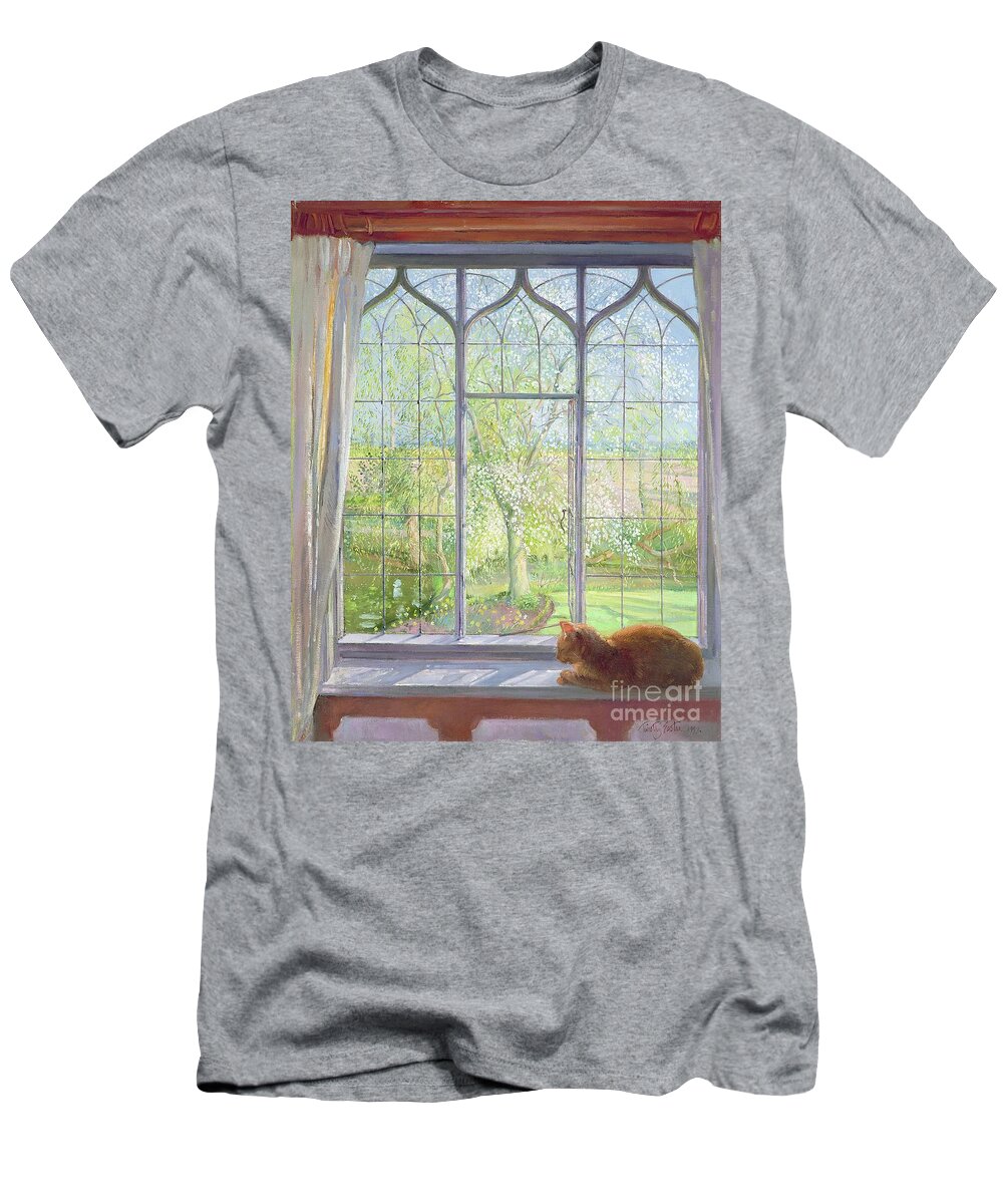 Cat T-Shirt featuring the painting Window In Spring by Timothy Easton