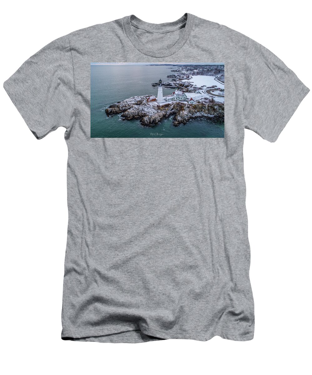 Portland T-Shirt featuring the photograph Winter At Portland Head Light by Veterans Aerial Media LLC