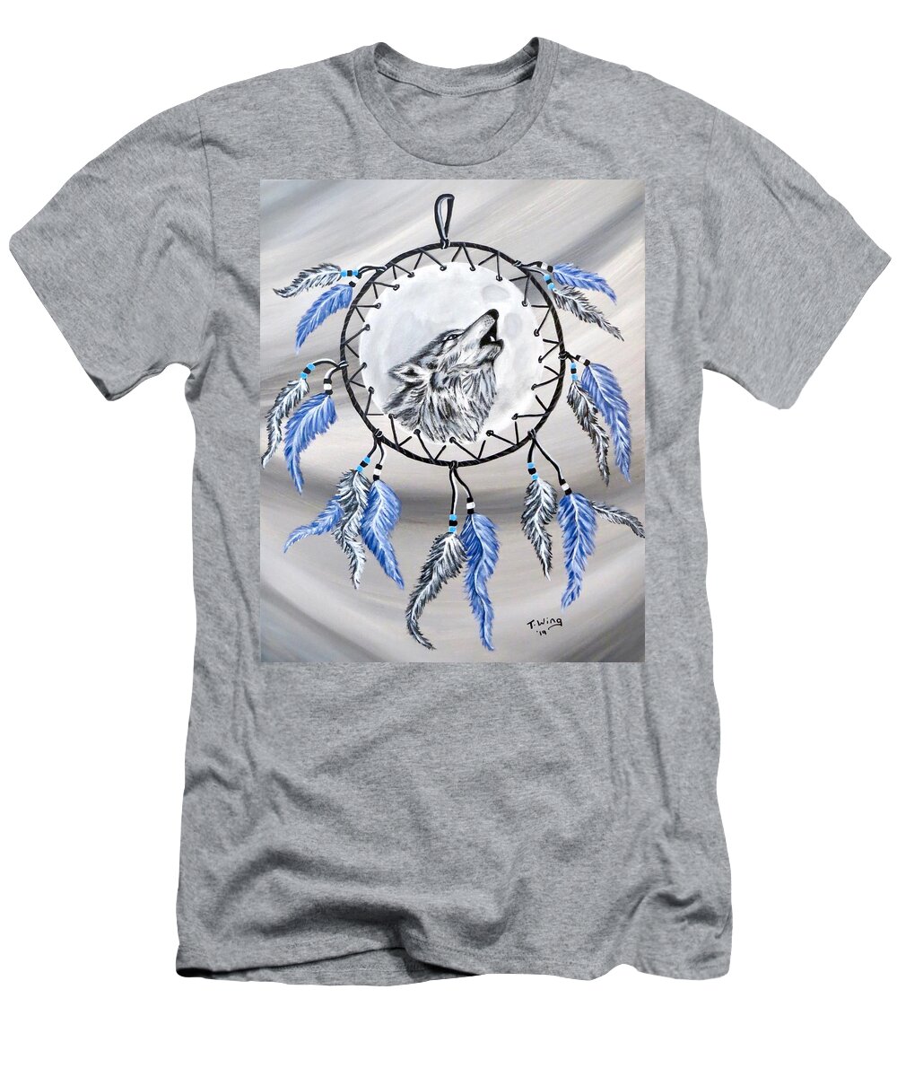 Wolf T-Shirt featuring the painting Wolf in Moon by Teresa Wing