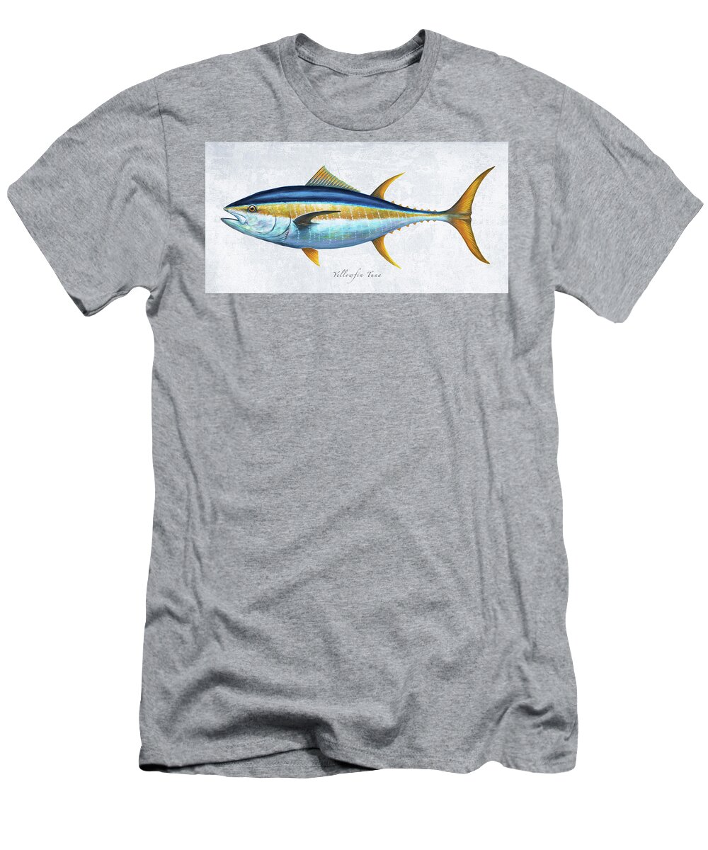 Yellowfin T-Shirt featuring the mixed media Yellowfin Tuna Portrait by Guy Crittenden