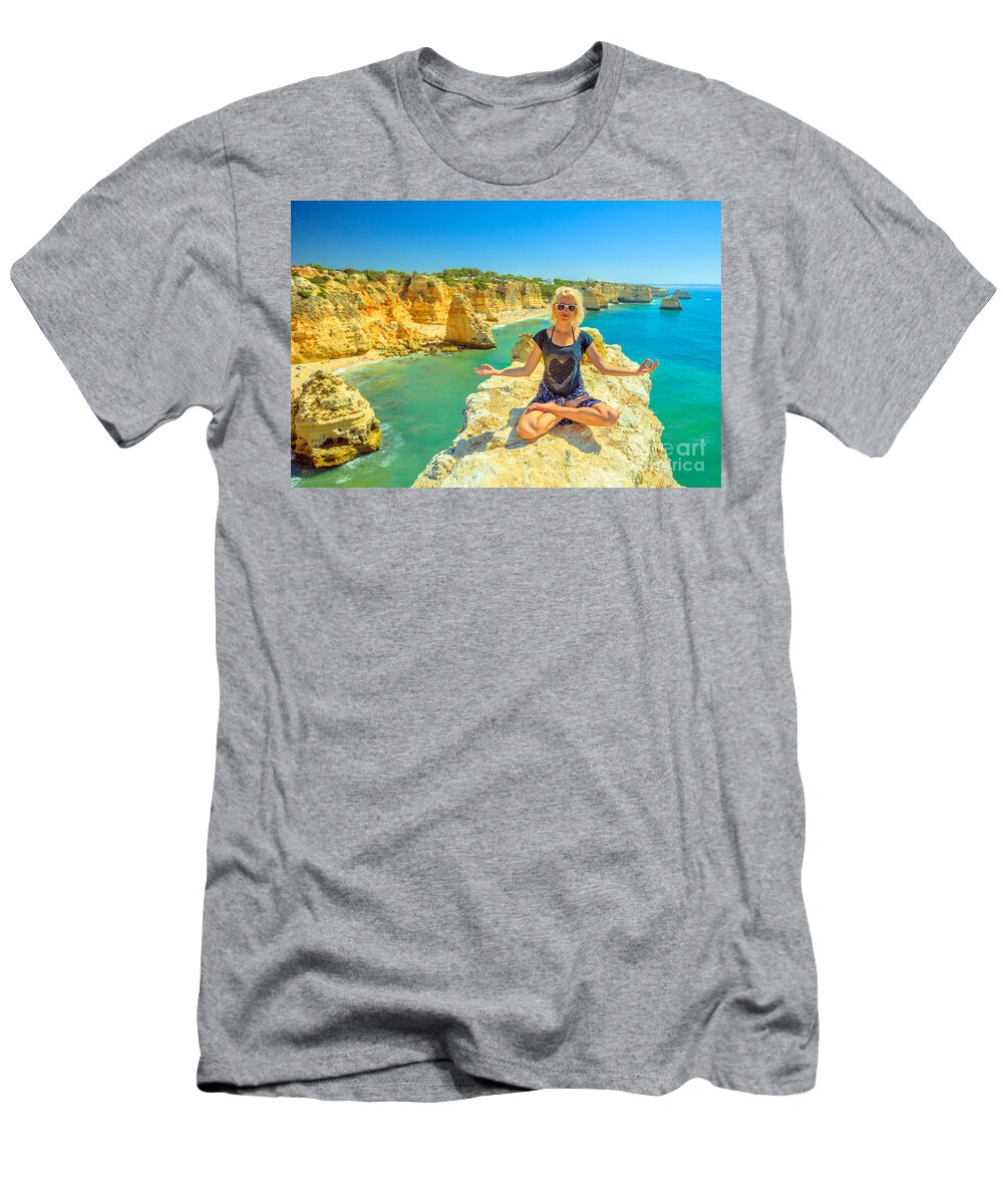 Portugal T-Shirt featuring the photograph Yoga in Algarve coast by Benny Marty