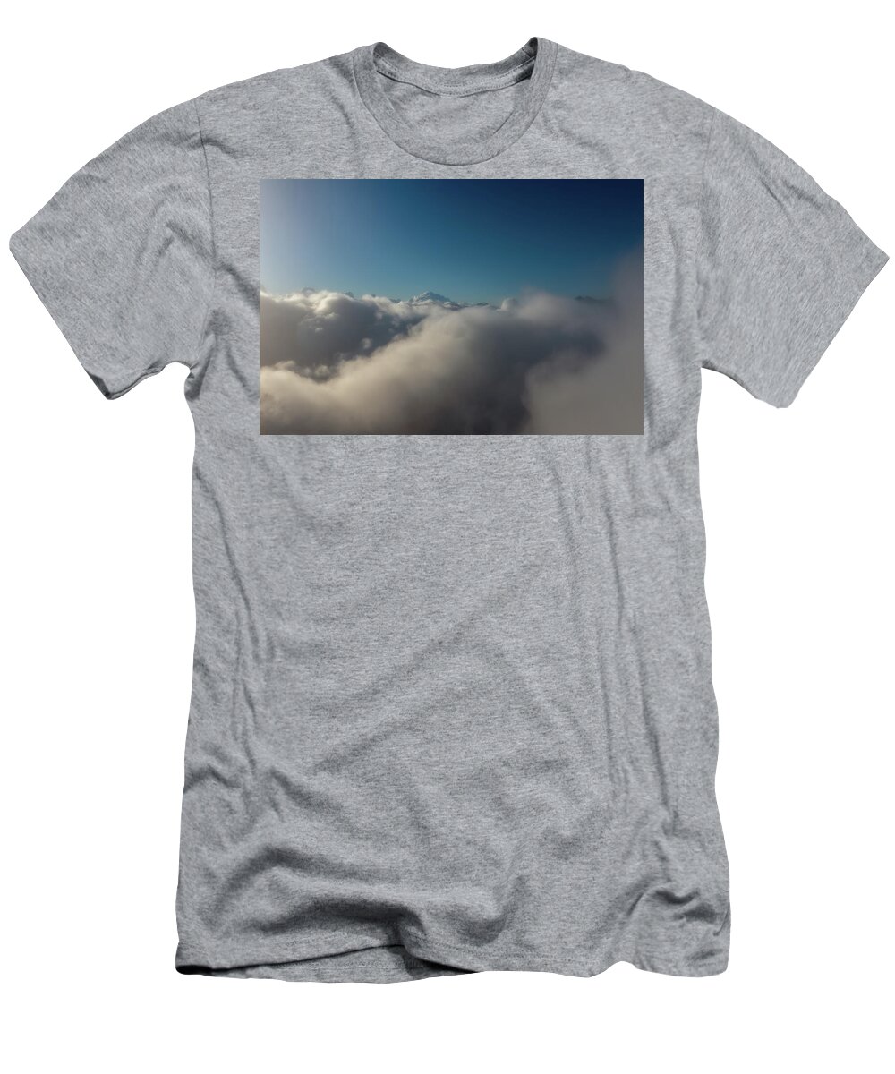 Cloud T-Shirt featuring the photograph Aerial view of clouds at sunrise #1 by Mikhail Kokhanchikov