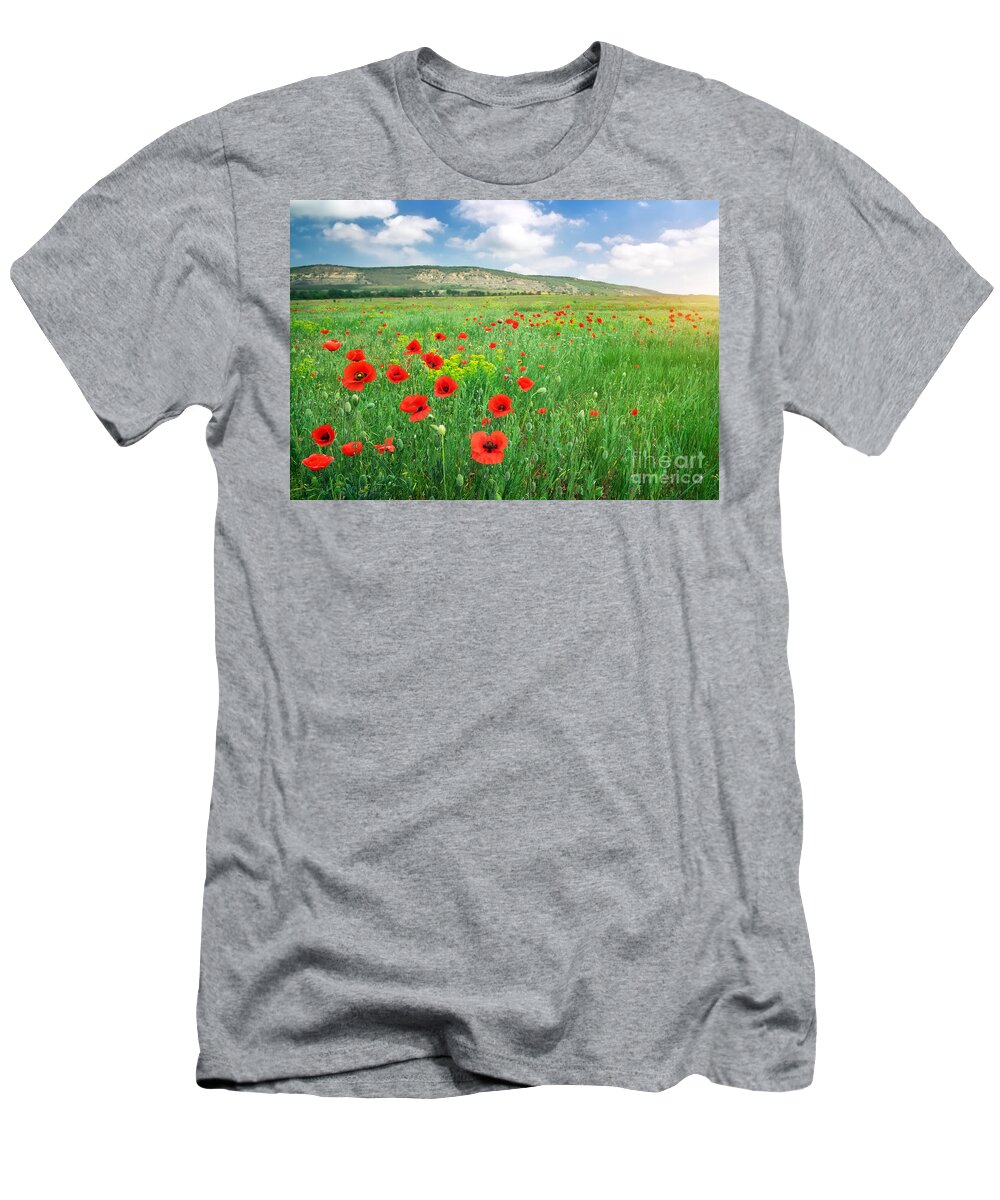 View T-Shirt featuring the photograph Beautiful Landscape. Field with red poppies. #1 by Boon Mee