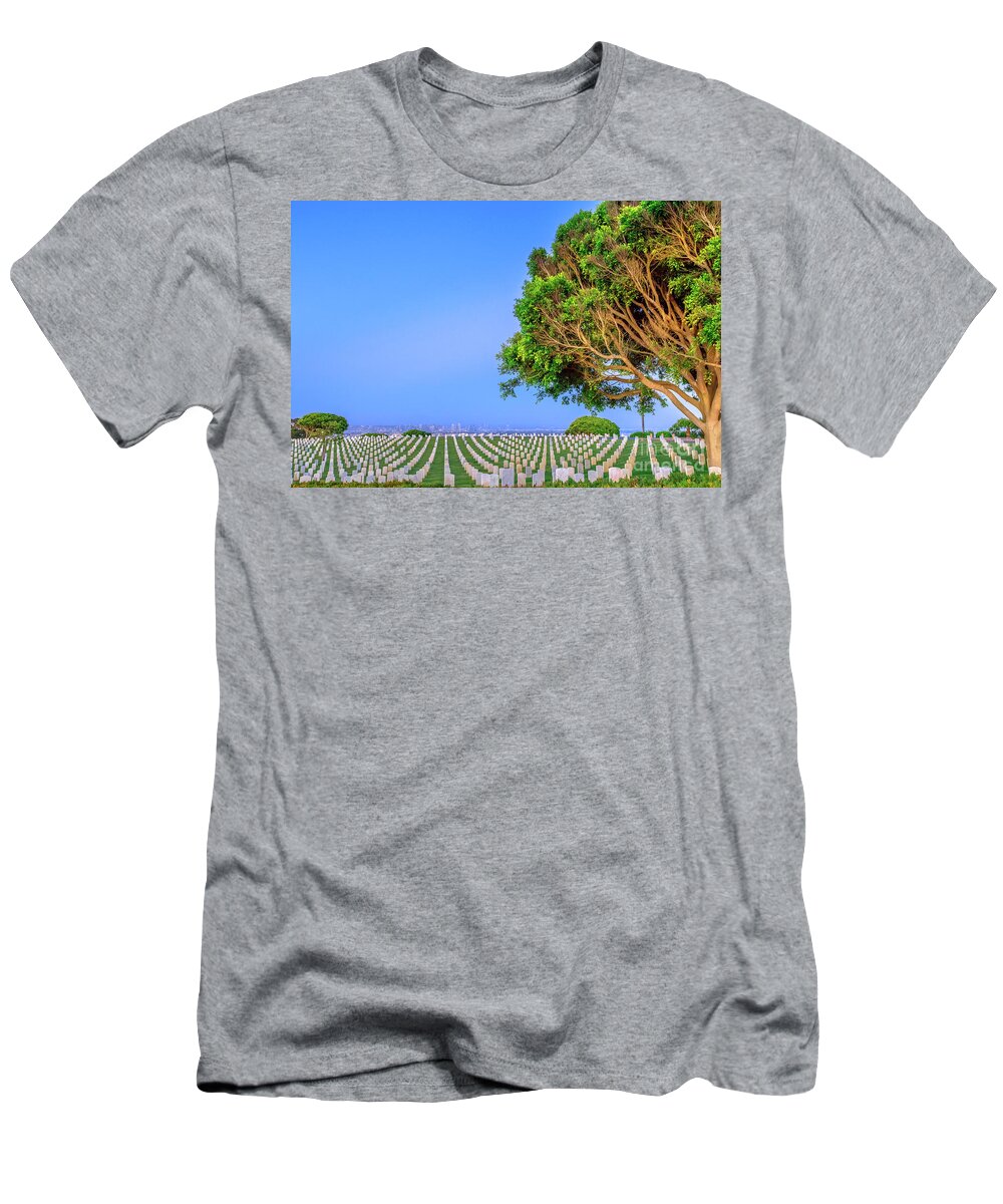 Cemetery T-Shirt featuring the photograph Cemetery with San Diego skyline #1 by Benny Marty