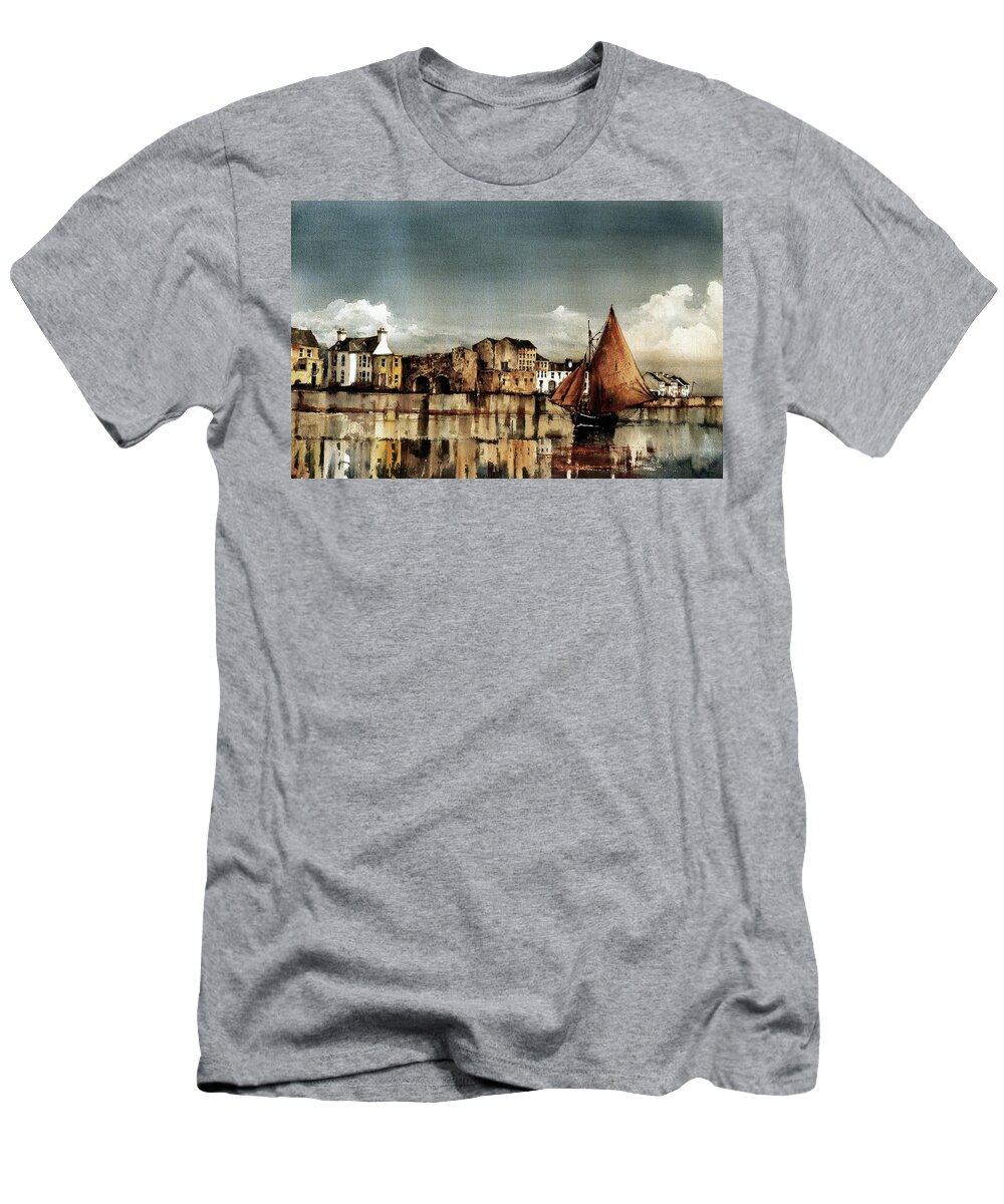 Ireland T-Shirt featuring the painting Cladagh Harbour, Galway Citie. #1 by Val Byrne