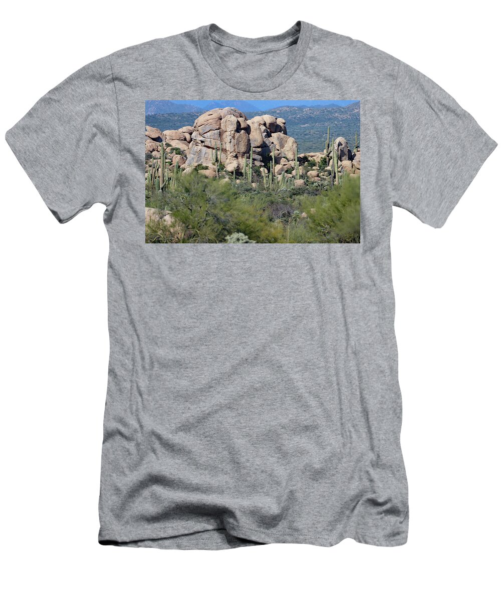 Granite Boulders And Saguaros T-Shirt featuring the digital art Granite Boulders and Saguaros #1 by Tom Janca