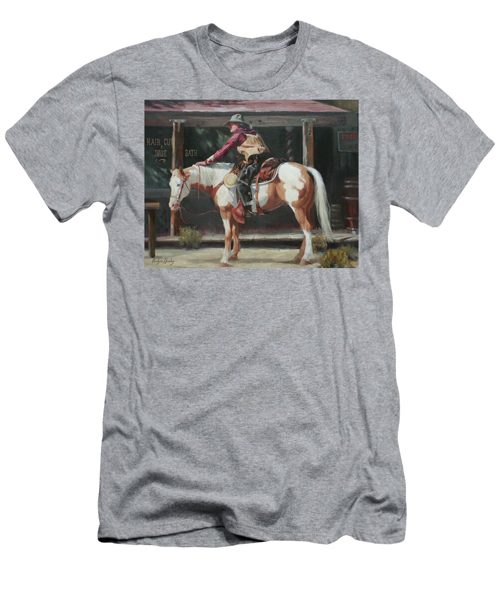 Western Art T-Shirt featuring the painting Haircut and Shave #2 by Carolyne Hawley