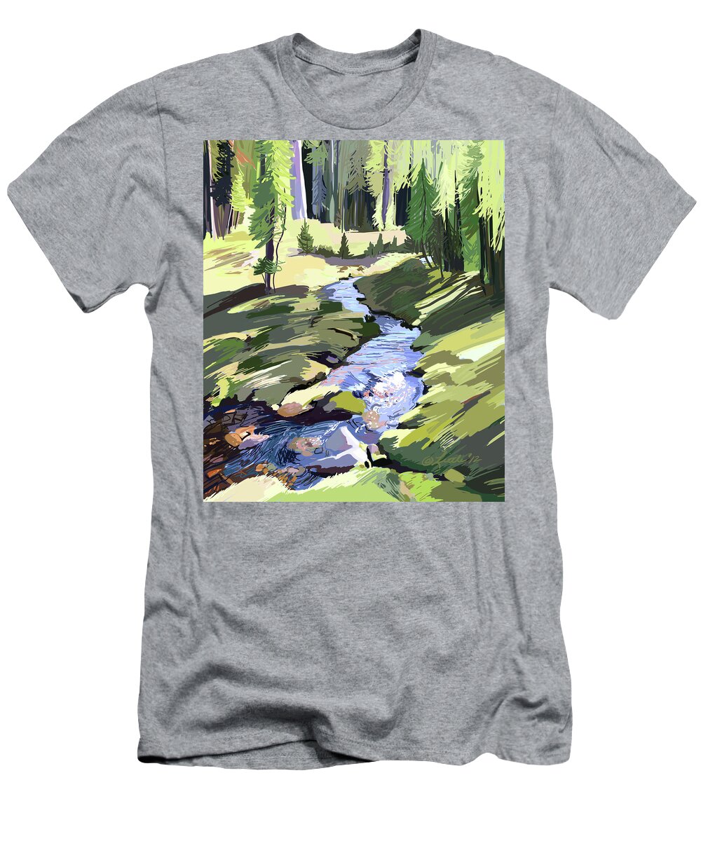 Mountain Stream T-Shirt featuring the painting Lena Peak Stream #1 by Pam Little