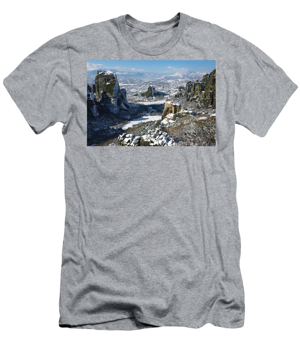 Meteora T-Shirt featuring the photograph Meteora in winter #1 by Sean Hannon