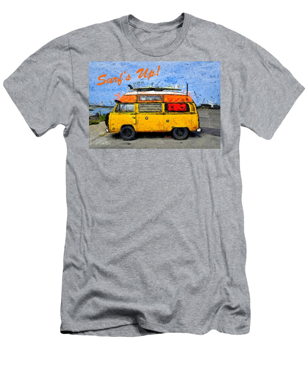 Surf's Up Vw Bus Camper Van Morro Bay. Surf's Up T-Shirt featuring the photograph Surf's Up VW Bus Camper Van Morro Bay #1 by Floyd Snyder