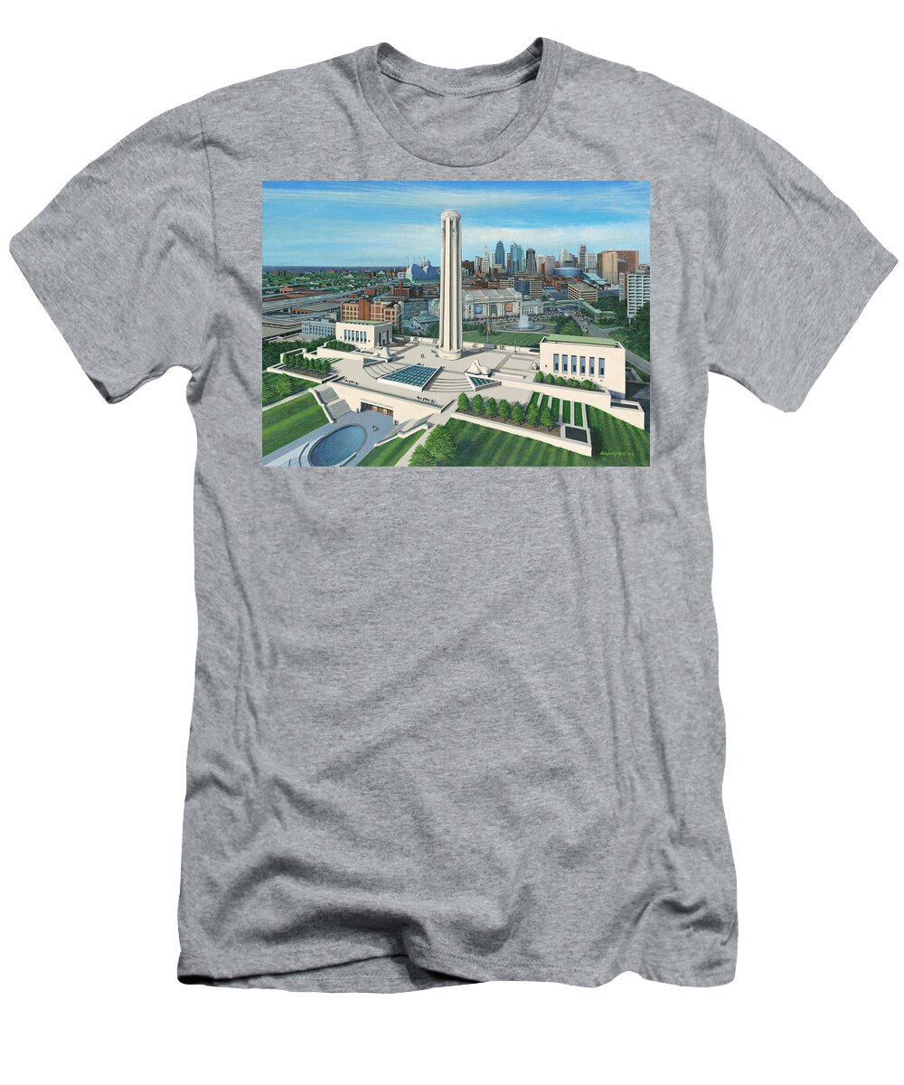 Cityscape T-Shirt featuring the painting The National World War I Museum and Memorial K.C., MO #1 by George Lightfoot