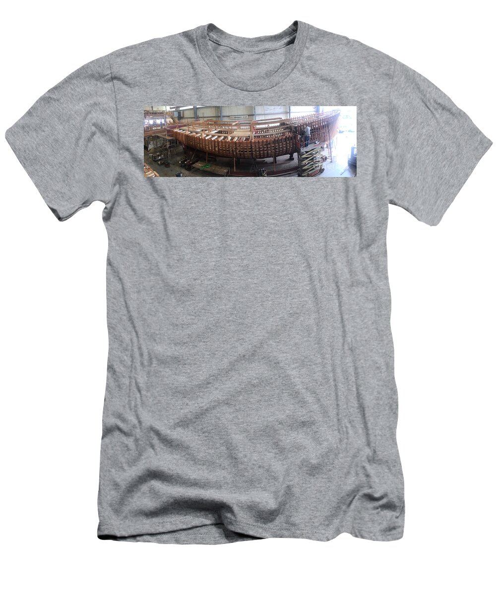 Western Flyer T-Shirt featuring the photograph The Western Flyer Sept. 11, 2019 at the P. T. Shipwrights Co-Op by Monterey County Historical Society
