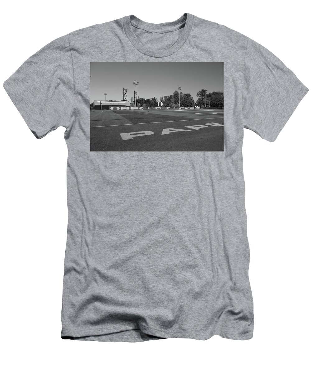 Pac 10 T-Shirt featuring the photograph University of Oregon football practice field in black and white #1 by Eldon McGraw