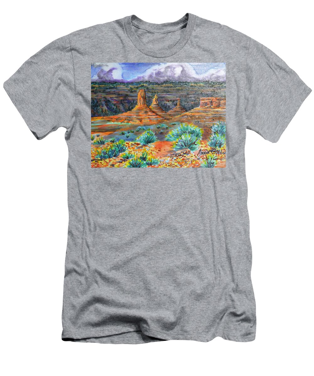 Acrylic Painting On Canvas Board For Sale. Subject Is Valley Of The God's On Hopi/navajo Reservation In Arizona.( Light Reflection From Photo Taken In Sunlight.) T-Shirt featuring the painting Valley of the gods #1 by Annie Gibbons