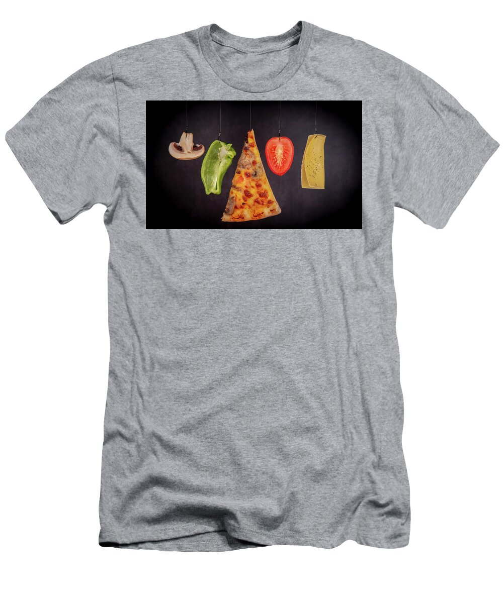 Pizza T-Shirt featuring the photograph Slice of mozzarella pizza tomato cheese peeper and mushroom ingredients by Michalakis Ppalis