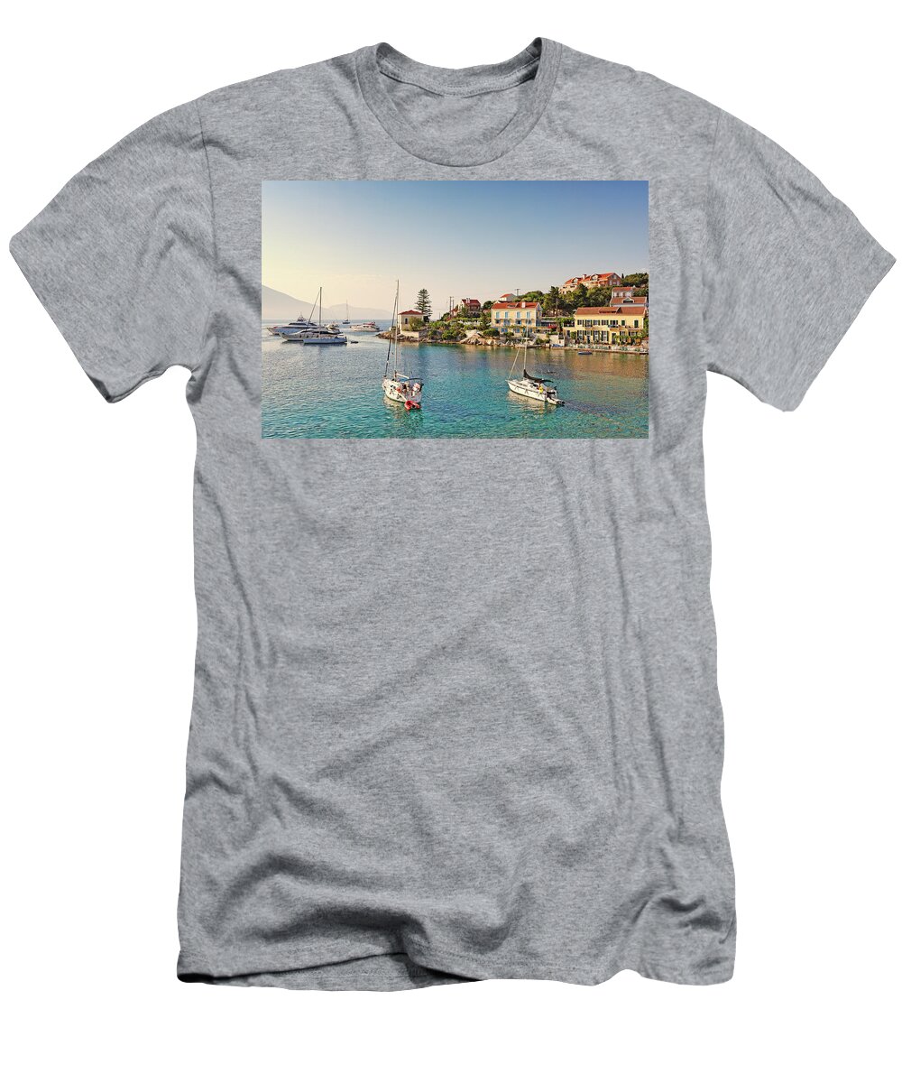 Fiscardo T-Shirt featuring the photograph The port of Fiskardo in Kefalonia, Greece #2 by Constantinos Iliopoulos