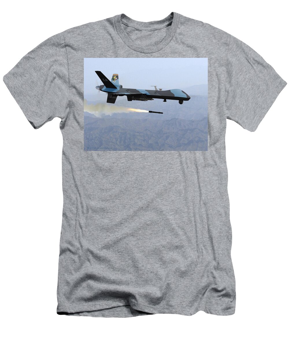 Reaper T-Shirt featuring the digital art MQ-9 Reaper Firing Hellfire Missile by Custom Aviation Art