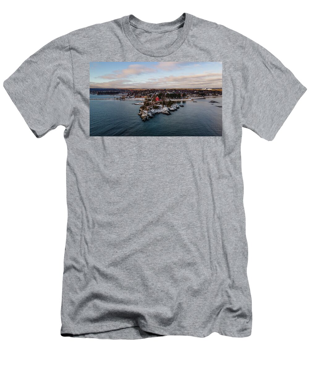 Lighthouse T-Shirt featuring the photograph Marquette Harbor Lighthouse along Lake Superior in Marquette Michigan in the winter #3 by Eldon McGraw