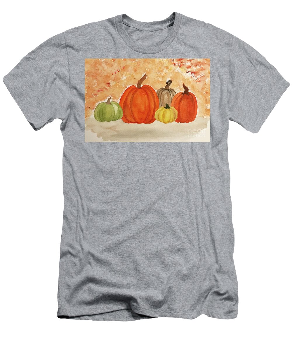 Pumpkins T-Shirt featuring the painting 5 Pumpkins by Lisa Neuman