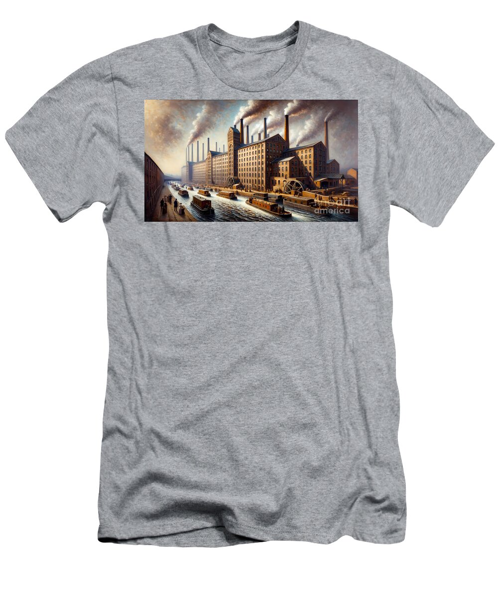 Cotton Mill T-Shirt featuring the painting A bustling cotton mill during the Industrial Revolution, with smokestacks and canals. by Jeff Creation
