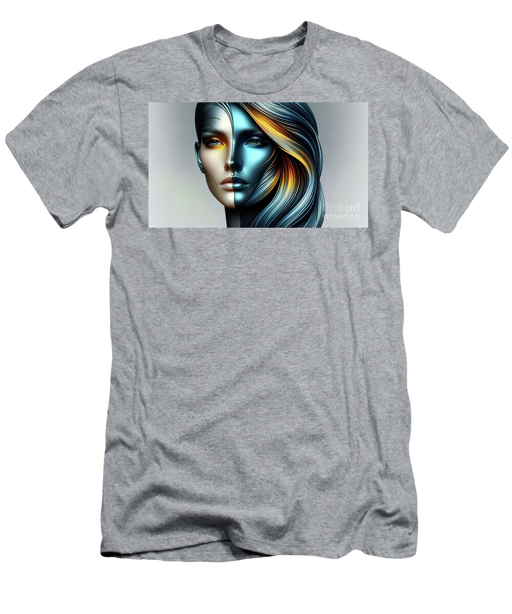 Stylized T-Shirt featuring the digital art A striking digital portrait of a woman with a metallic blue face and vibrant by Odon Czintos