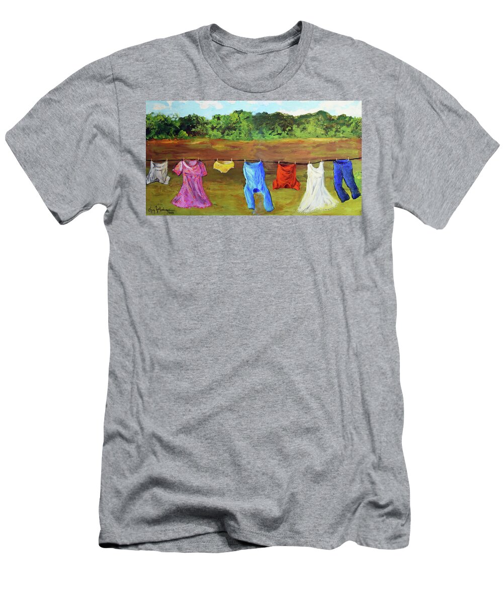 Laundry T-Shirt featuring the painting A Windy Clothes Line in Oklahoma - An Original by Cheri Wollenberg 2022 by Cheri Wollenberg