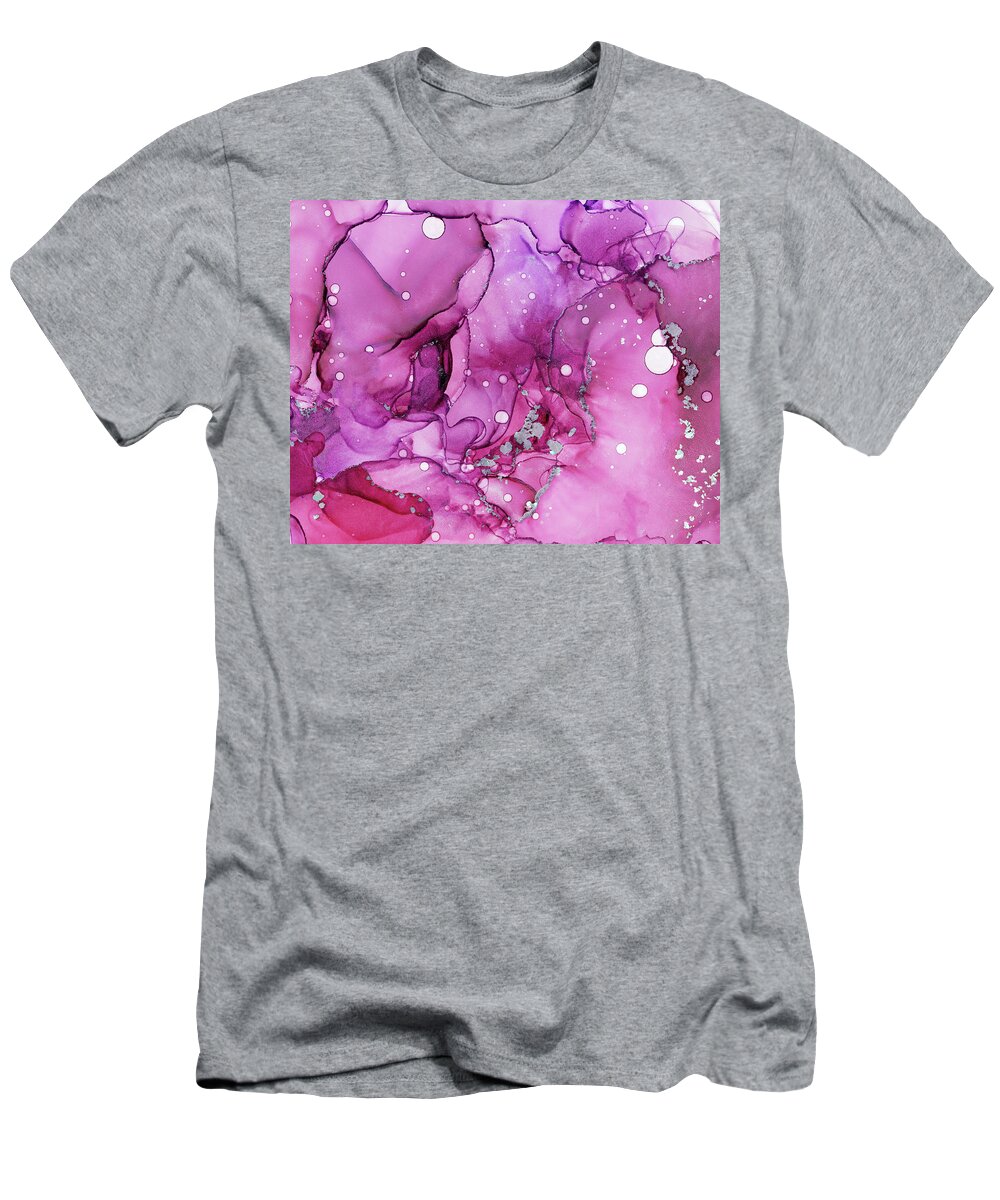 Magenta T-Shirt featuring the painting Abstract Floral Magenta Chrome Ink by Olga Shvartsur