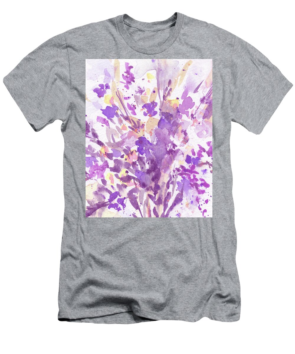 Abstract Flowers T-Shirt featuring the painting Abstract Purple Flowers The Burst Of Color Splash Of Watercolor II by Irina Sztukowski