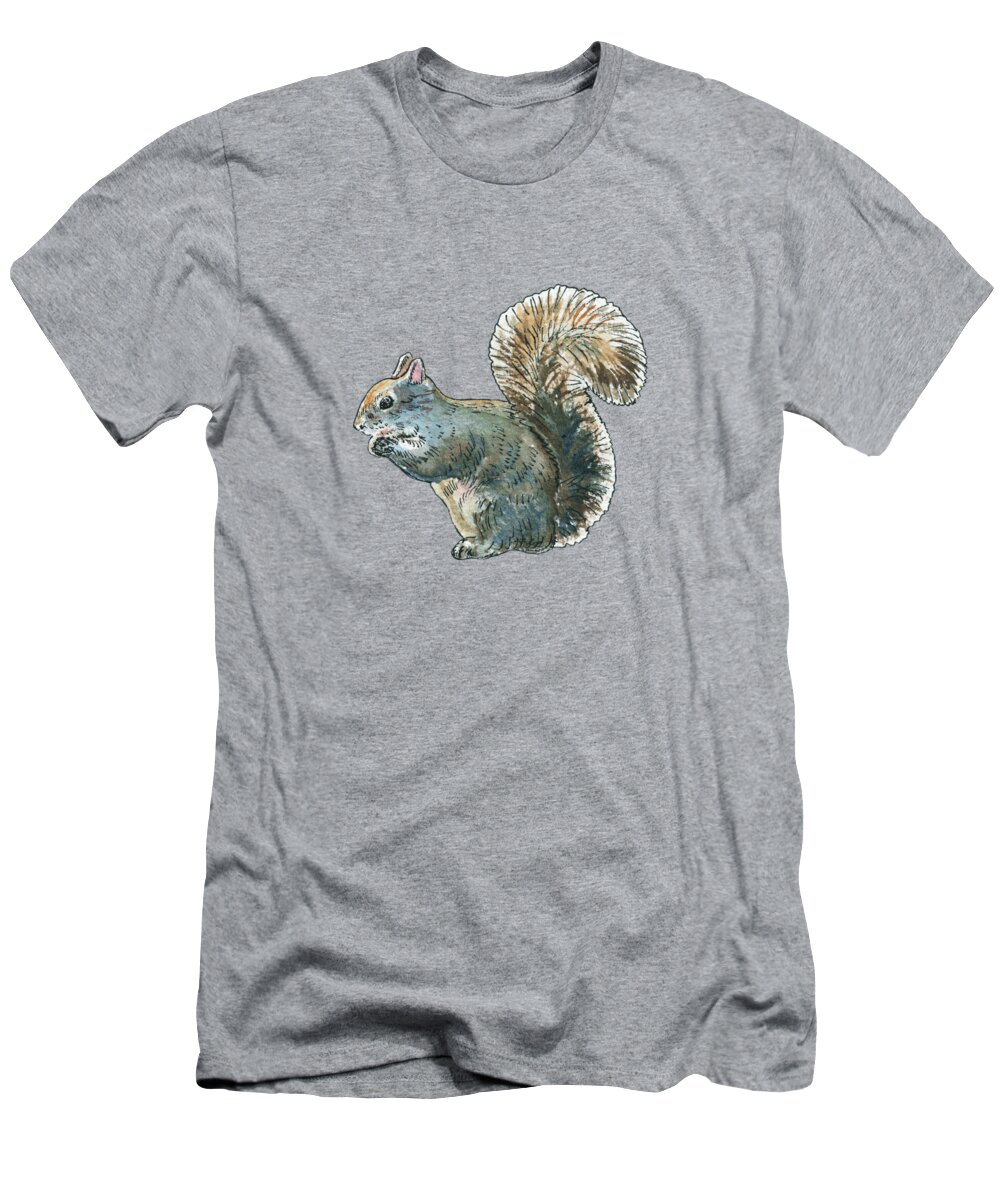 Squirrel T-Shirt featuring the painting Adorable And Super Cute Silver Gray Squirrel With Nut Watercolor by Irina Sztukowski