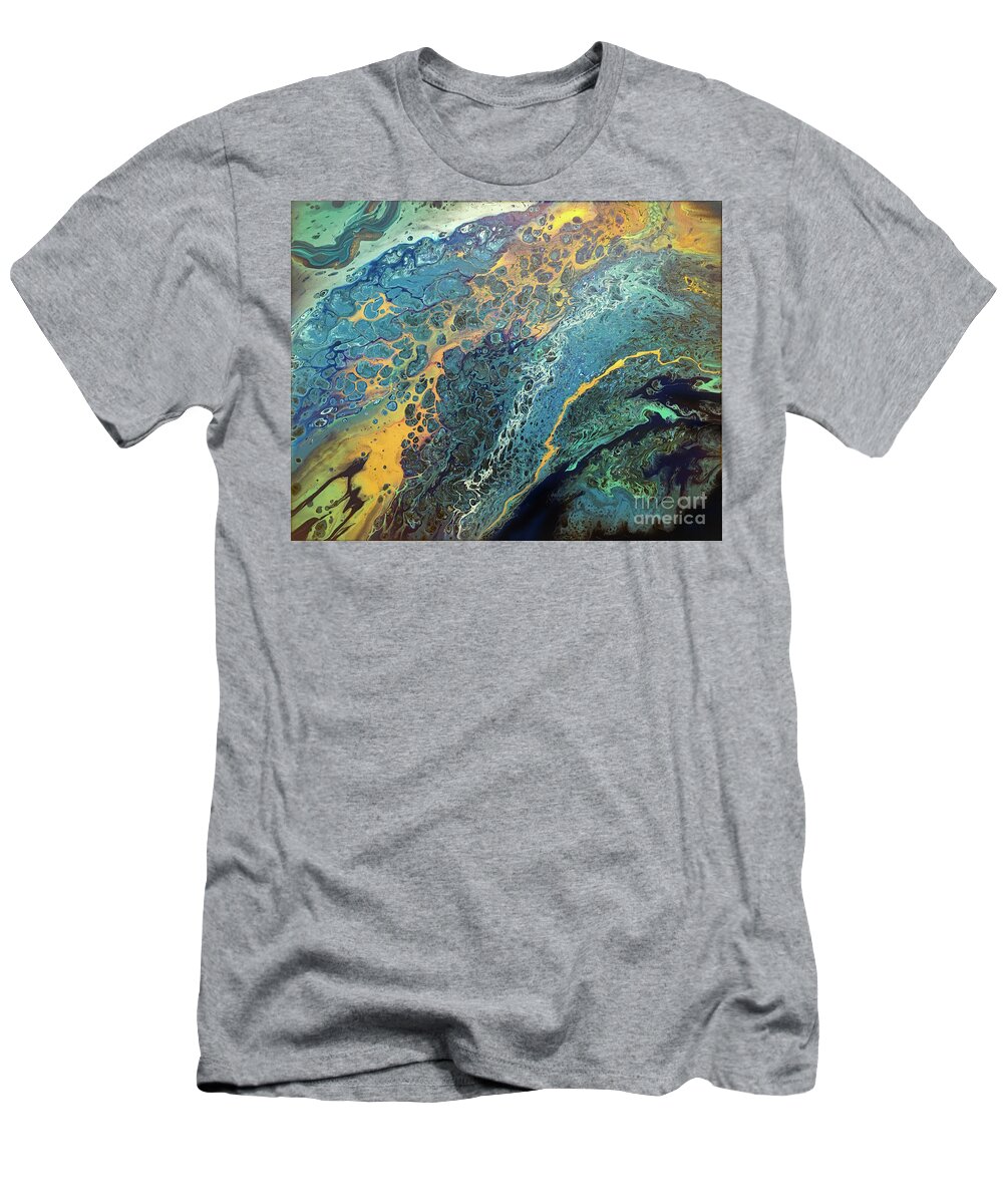 Poured Acrylic T-Shirt featuring the painting Alien Lands by Lucy Arnold