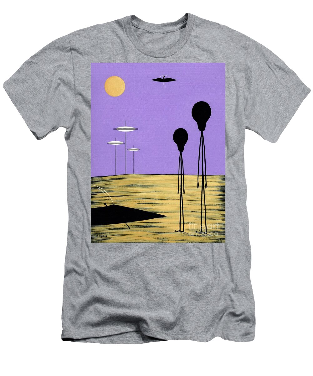 Retro T-Shirt featuring the painting Aliens Yellow Planet Purple Sky by Donna Mibus