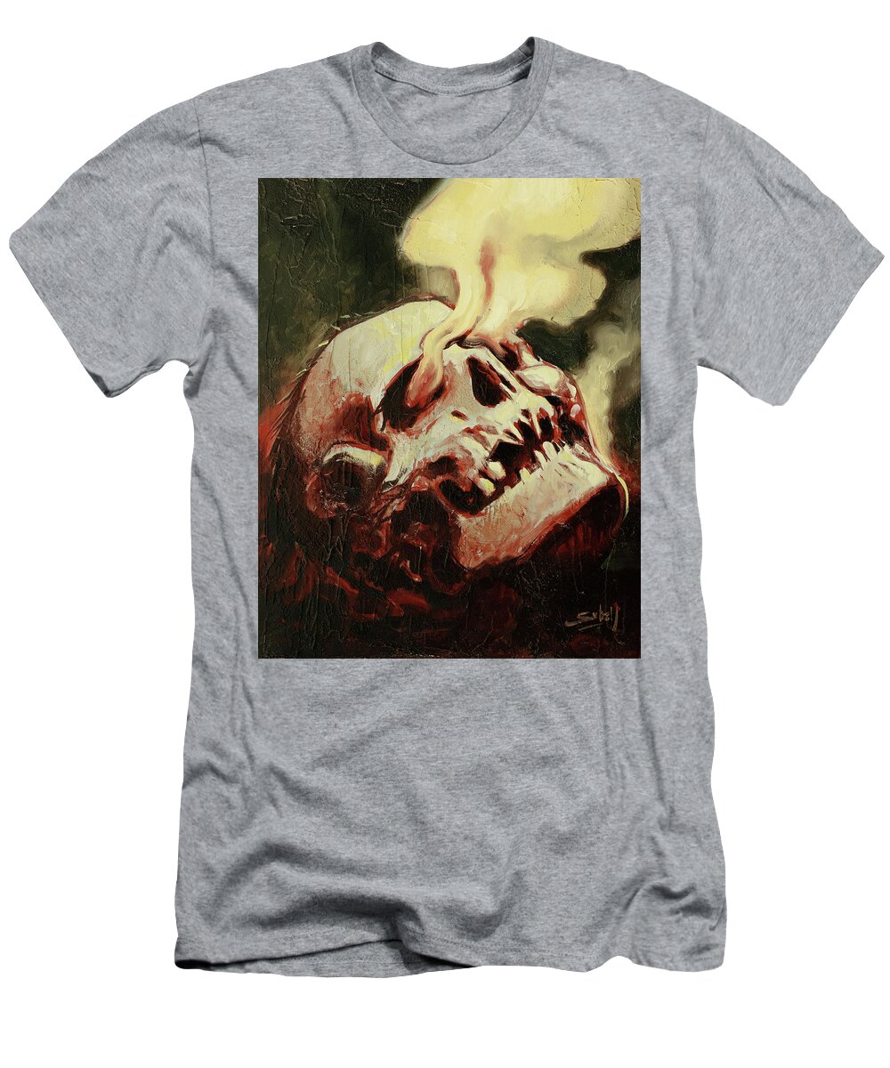 Skull T-Shirt featuring the painting Smoking Skull by Sv Bell