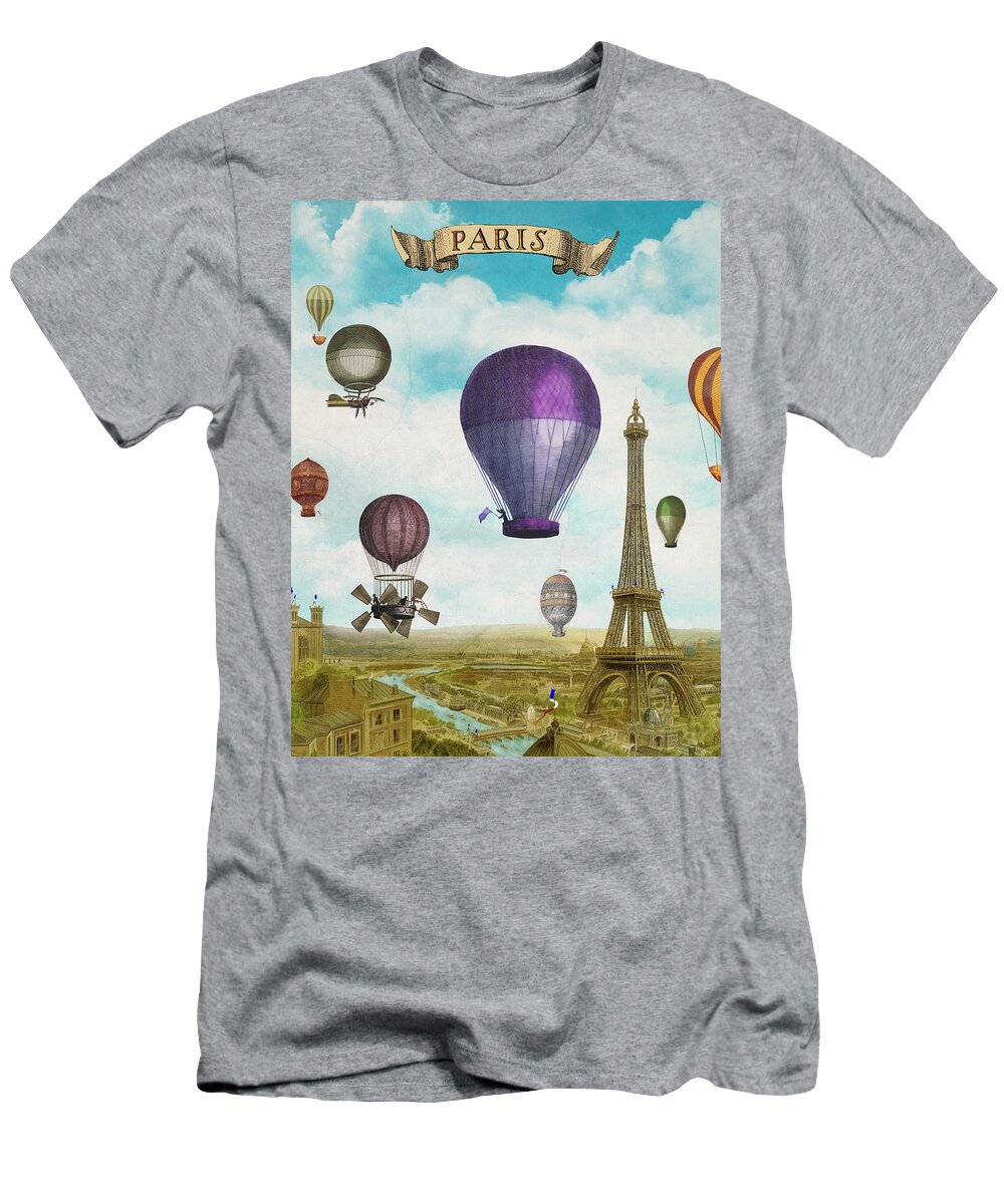 Beautiful T-Shirt featuring the painting Hot Air Balloons Over Paris, Hot Air Balloon Eiffel Tower by Tina Lavoie