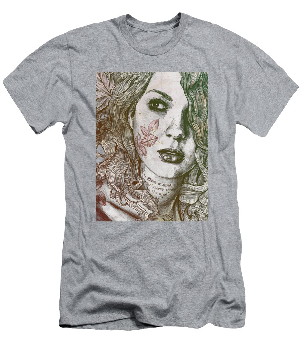 Graffiti T-Shirt featuring the drawing Wake - Autumn - maple leaves tattoo woman portrait by Marco Paludet