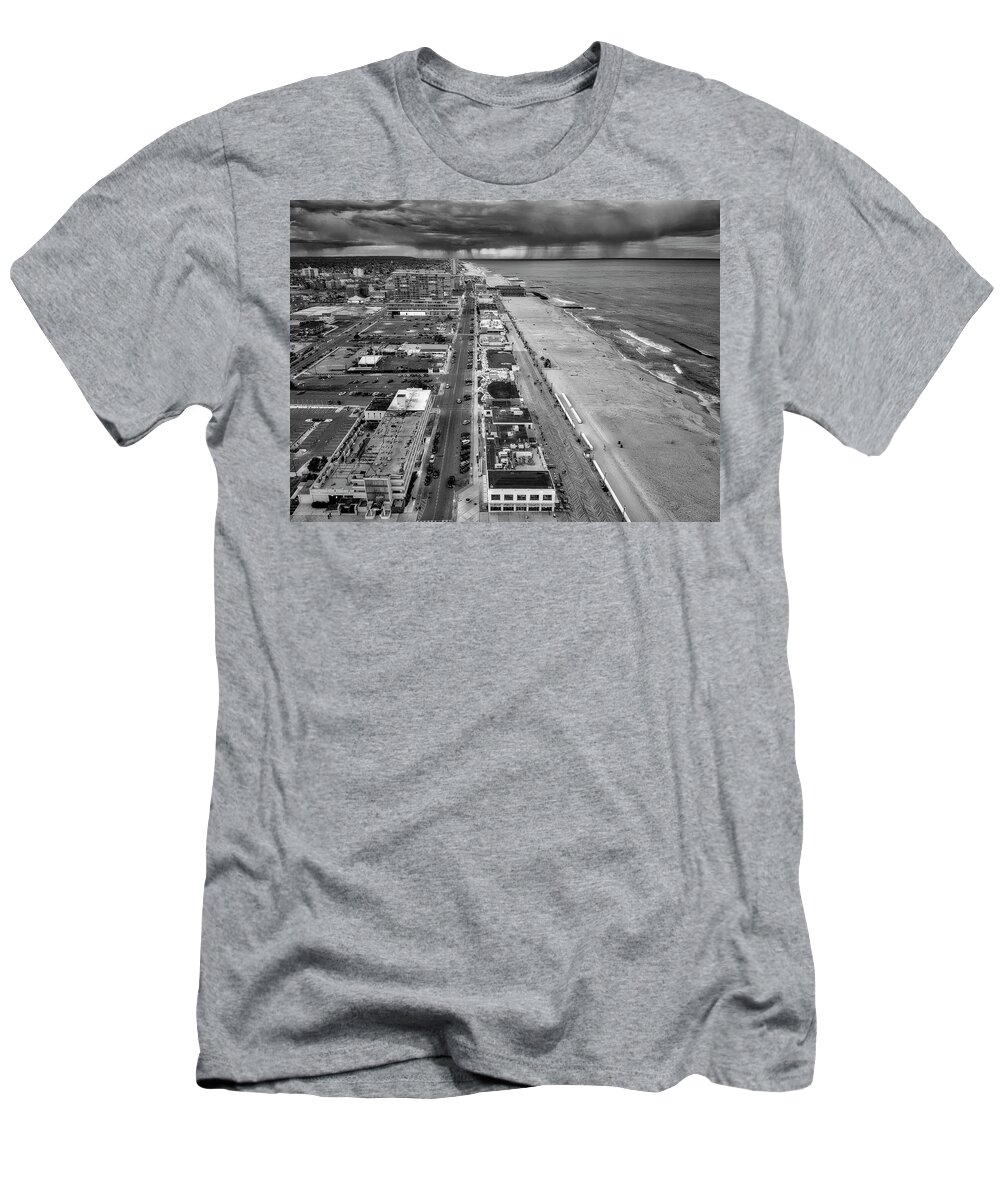 Asbury Park T-Shirt featuring the photograph Asbury Park Boardwalk Aerial NJ BW by Susan Candelario
