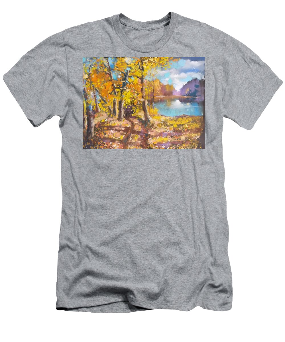 Autumn T-Shirt featuring the painting Autumn impression by the lake by Lorand Sipos