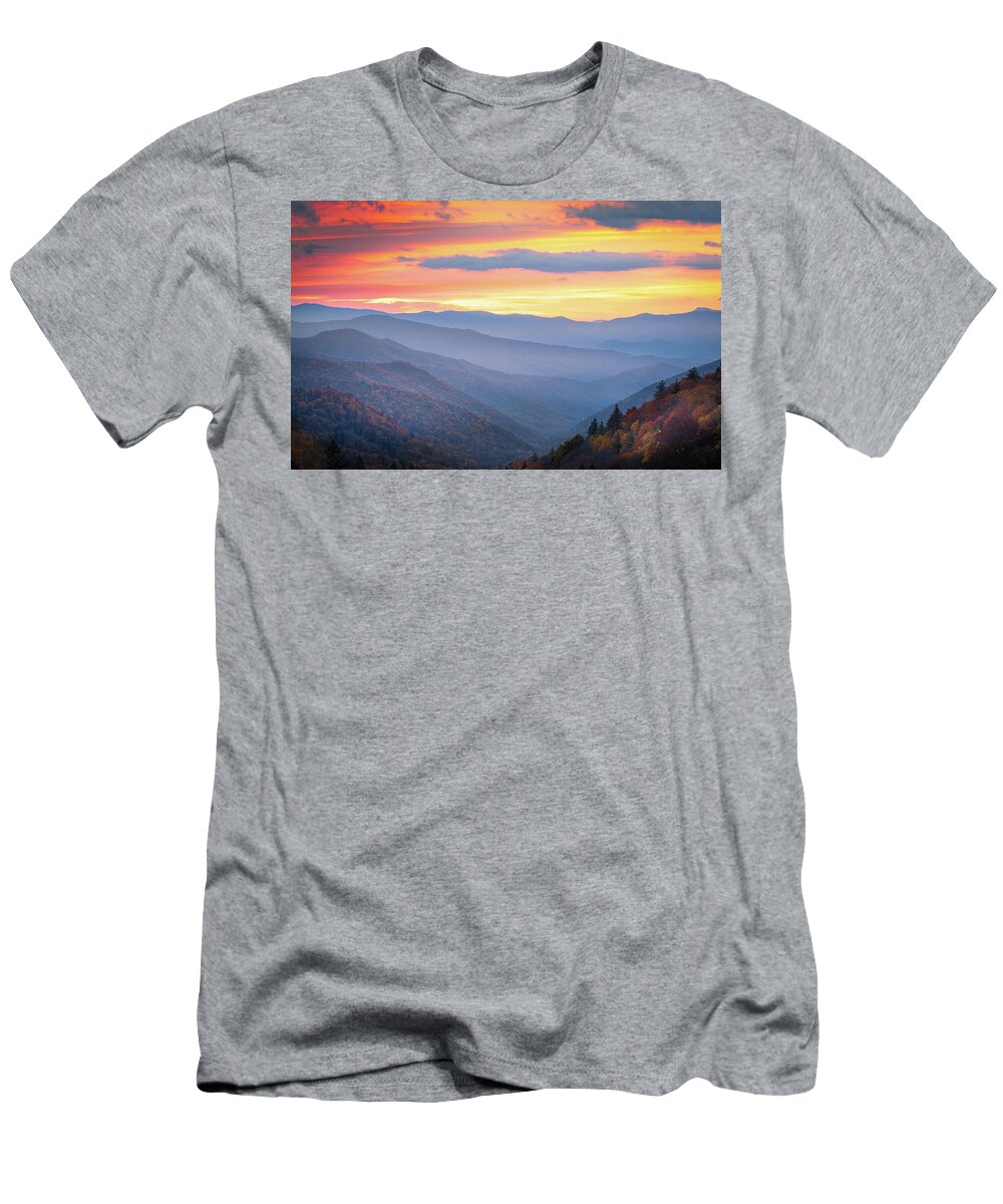 Oconaluftee Valley T-Shirt featuring the photograph Autumn Sunrise In Smoky Mountain National Park by Jordan Hill