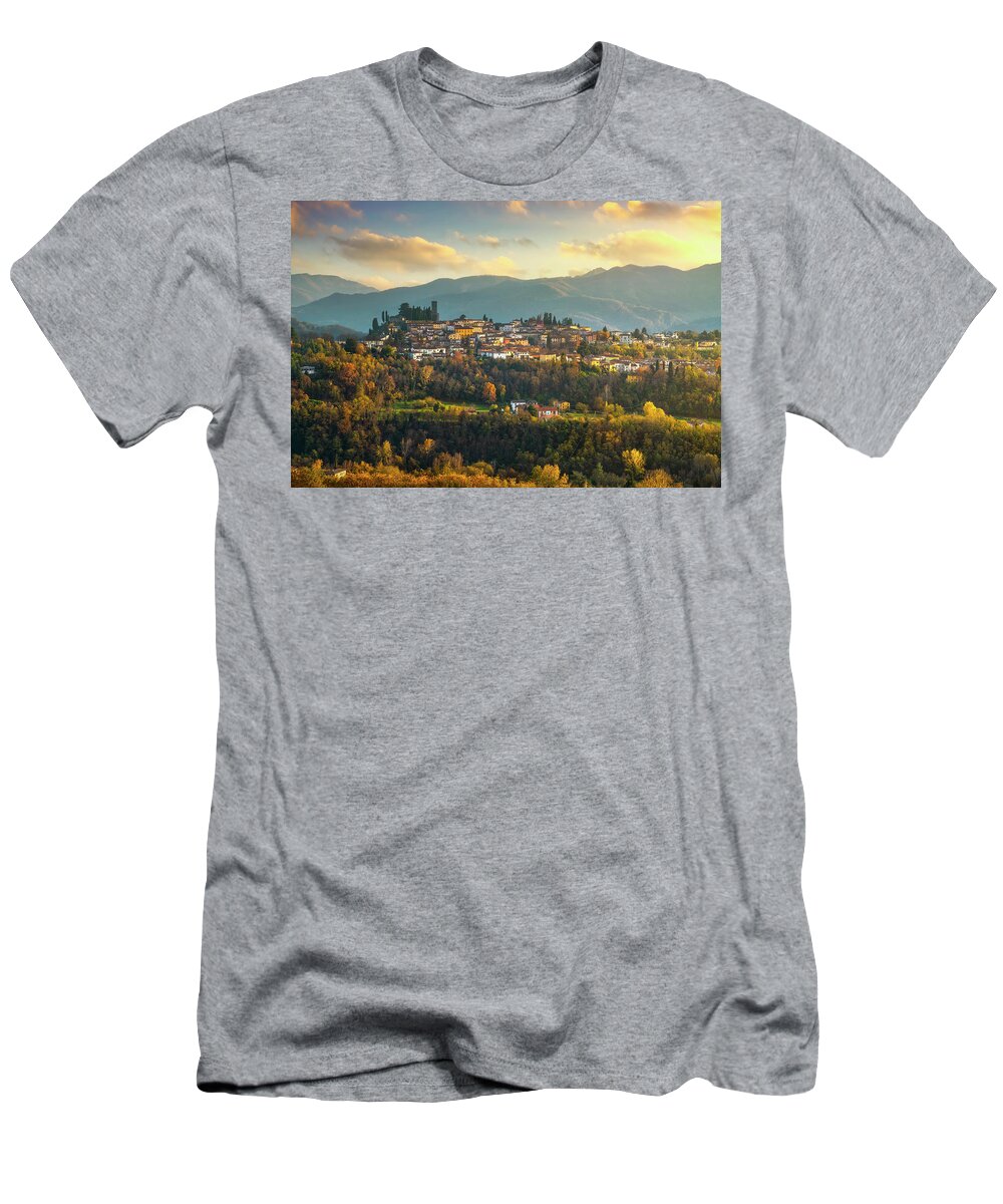Barga T-Shirt featuring the photograph Barga village in autumn. Garfagnana, Tuscany by Stefano Orazzini