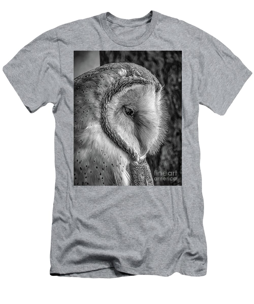 Owls T-Shirt featuring the pyrography Barn Owl BW by Joseph Miko