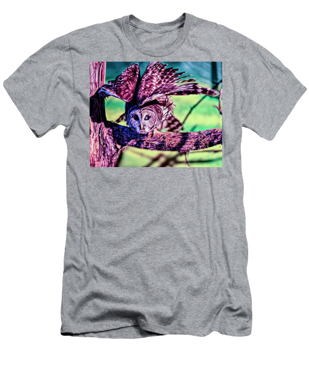 Owl T-Shirt featuring the photograph Barn Owl preparing to fly by Flees Photos